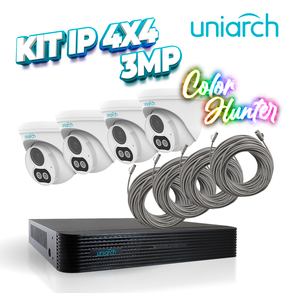Imagen de KIT 4X4 UNIARCH IP EXTERIOR TURRET COLOR HUNTER 3MP MIC INCLUIDO IPC67 INCLUYE 1 NVR POE 4PTOS + 4 CAM TURRET IP 3MP 2.8MM + 4 CABLES PREPONCHADOS DE 18MTS