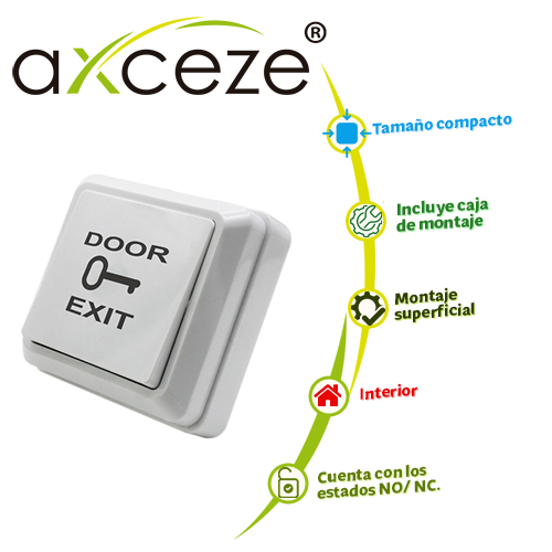Imagen de BOTON LIBERADOR AXCEZE AX-B30 TIPO PUSH FABRICADO EN PLASTICO INCLUYE BASE  MEDIDAS 69 X 69MM  CONEXION A 2 HILOS CUENTA CON EL ESTADO N.O.