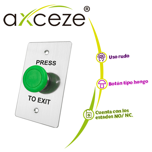 Imagen de BOTON LIBERADOR AXCEZE AX-B130 TIPO PUSH CON FORMA DE HONGO EN COLOR VERDE FABRICADO EN ACERO MEDIDAS 115 X 70 X 45MM CONEXION A 2 HILOS  CUENTA CON LOS ESTADOS N.O. Y N.C.