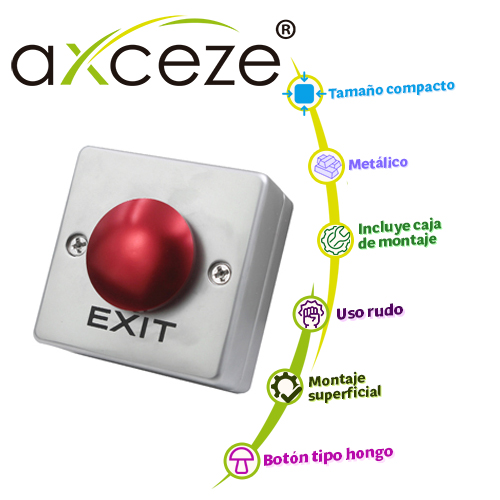 Imagen de BOTON LIBERADOR AXCEZE   AX-B55   BOTON TIPO PUSH CON FORMA DE HONGO EN COLOR ROJO INCLUYE BASE METALICA  FABRICADO EN  ALEACION DE ZINC  MEDIDAS 53 X 53 X 38MM  CONEXION A 2 HILOS  CUENTA CON LOS ESTADOS N.O.  Y  N.C.