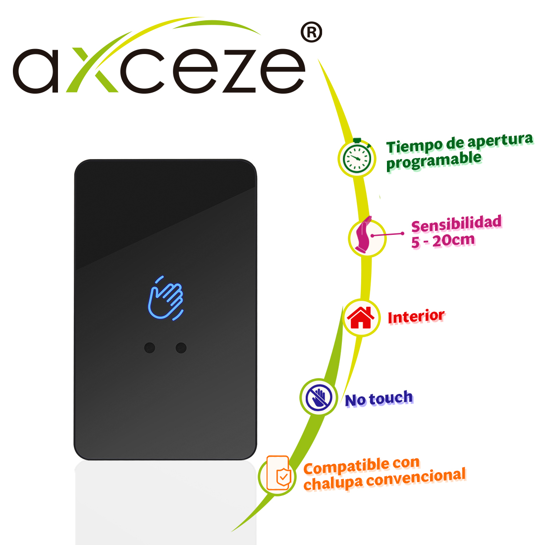 Imagen de BOTON DE SALIDA SIN CONTACTO AX-B100 AXCEZE FORMATO VERTICAL CUBIERTA PLASTICA COLOR NEGRO LED INDICADOR DE ESTADO DISTANCIA DE DETECCION  AJUSTABLE ENTRE 5 Y 20 CM EQUIPADO CON RETARDO DE APERTURA AJUSTABLE