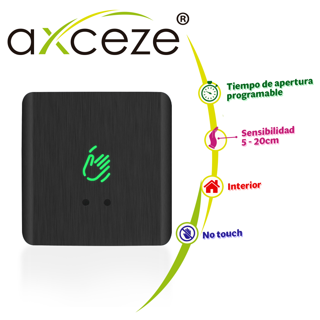 Imagen de BOTON DE PETICION DE SALIDA SIN CONTACTO AX-B150 FORMATO CUADRADO CUBIERTA PLASTICA COLOR NEGRO LED INDICADOR DE ESTADO DISTANCIA DE ACTIVACIÓN AJUSTABLE ENTRE 5 Y 20CM RETARDO DE APERTURA AJUSTABLE