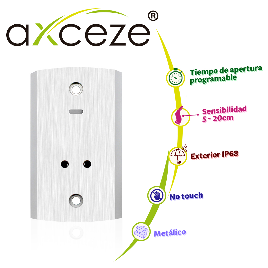 Imagen de BOTON DE PERTICION DE SALIDA AX-B140 FORMATO VERTICAL CUBIERTA METALICA GRADO DE PROTECCIÓN IP68 SOPORTA EXTERIOR TIENE LED INDICADOR DE ESTADO SE PUDEN AJUSTAR LA DISTANCIA DE ACTIVACIÓN Y EL RETARDO PARA ABRIR LA PUERTA