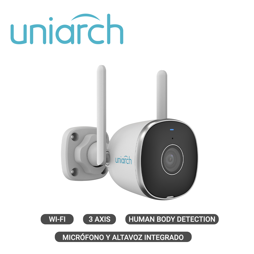 Imagen de CAMARA IP BULLET WIFI 2.4 GHz CLOUD GRATUITO 7 DIAS UNIARCH UHO-B2R-M2F3 / 2MP / FULLHD / ULTRA265 / 12 VCD / DWDR / 3 AXIS / LENTE FIJO DE 2.8 MM / IR INTELIGENTE HASTA 20M / MICROFONO Y ALTAVOZ INTEGRADO / HUMAN BODY DETECTION / AUDIO DETECTION / RANURA PARA MICRO SD HASTA 128 GB / IP67 / 12VDC