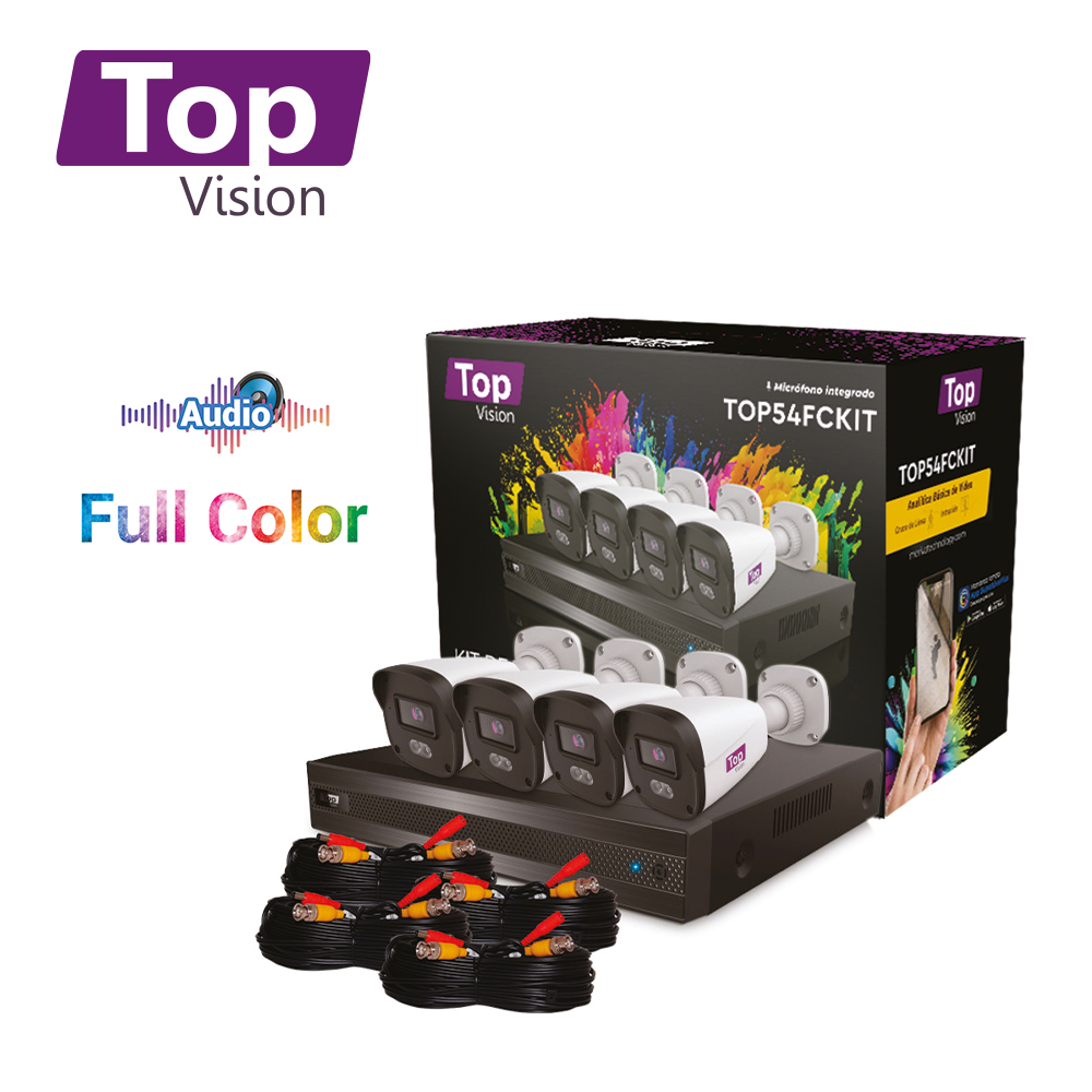 Imagen de KIT 4X4 TOP54FCKIT TOPVISON INCLUYE 1 DVR XVR-504A 6CH 5 MP-LITE SOPORTA AUDIO SOBRE COAXIAL O UTP + 4 CÁMARAS HD TOPVISION BULLET TBFC500A 5 MP 3.6 MM TECNOLOGÍA FULL COLOR / MICRÓFONO INTEGRADO / CARCASA PLÁSTICA / IP67 / 12 VCD + 4 CABLES PRE PONCHADOS 18M C/U BNC Y ALIMENTACIÓN + FUENTE DE PODER