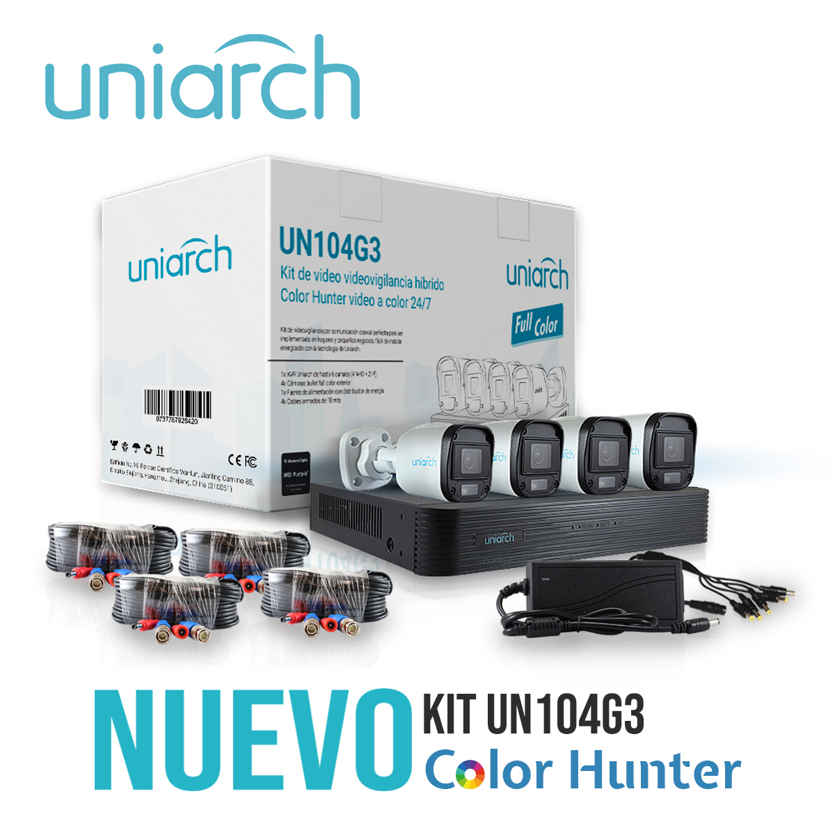 Imagen de KIT BULLET UNIARCH  UN104G3 / 4CAMARAS-BULLET-2MP / EXTERIORES / LENTE 2.8 MM /1XVR / 1080P / COLORHUNTER / COLOR-24/7 / 4CABLES-PREPONCHADOS-18M0 / 1DISTRIBUIDOR-ENERGIA-4SALIDAS / FUENTE-12VDC