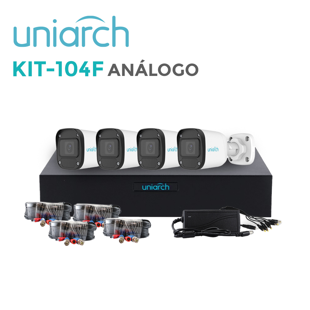 Imagen de KIT 4X4 HD 2MP UNIARCH KIT-104F / 4CÁMARAS-BULLET-UAC-B112-F28 /  2MP /  XVR-104F-4CH-ANALOGICOS-2CH-IP/  4CABLES-PREPONCHADOS-18 MTS /  1DISTRIBUIDOR-ENERGIA-4SALIDAS / FUENTE-12VDC