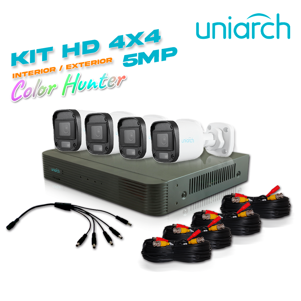 Imagen de KIT SIN CAJA UNIARCH 4X4, 5 MEGAPIXELES ANALOGICO 4 CÁMARAS COLOR HUNTER BULLET INTERIOR / EXTERIOR / LENTE FIJO 2.8MM / 12VDC / IP67 / 20M IR / DWDR / METAL PLASTICA / MENU OSD / DEFOG, 1 DVR PENTAHIBRIDO UNIARCH XVR-104G3, 4 CAMARAS UAC-B115-F28-W, 4 CABLES PREPONCHADOS DE 18 MTS Y UN PULPO DE 5 SALIDAS