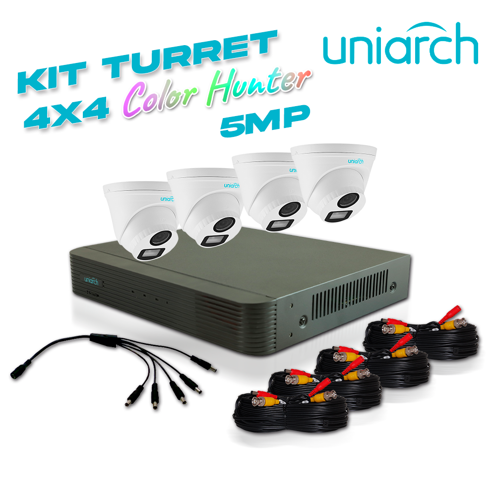 Imagen de KIT SIN CAJA UNIARCH 4X4, 5 MEGAPIXELES 4 CÁMARAS ANALÓGICAS TURRET INTERIOR / EXTERIOR 5MP / LENTE FIJO 2.8MM / 12VDC / IP67 / 20M IR / DWDR / PLASTICA / TECNOLOGIA COLORHUNTER VIDEO A COLOR 24/7, 1 DVR PENTAHIBRIDO UNIARCH XVR-104G3, 4 CAMARAS UAC-T115-F28-W COLORHUNTER, 4 CABLES PREPONCHADOS DE 18 MTS Y UN PULPO DE 5 SALIDAS