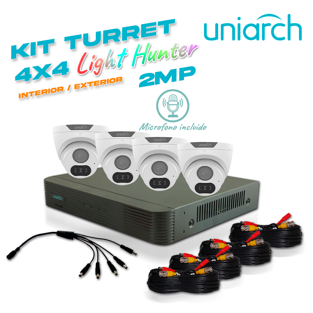 Imagen de KIT SIN CAJA UNIARCH 4X4 CALIDAD 2MP ANALOGICO 4 CÁMARAS ANALÓGICAS LIGHTHUNTER TURRET INTERIOR / EXTERIOR 2MP / LENTE FIJO 2.8MM / 12VDC / IP67 / 20M IR / DWDR / METAL PLASTICA / MIC INCLUIDO / DEFOG / 3 AXIS, 1 DVR PENTAHIBRIDO XVR- 104G3 , 4 CABLES PREPONCHADOS DE 18 MTS Y UN PULPO DE 5 SALIDAS