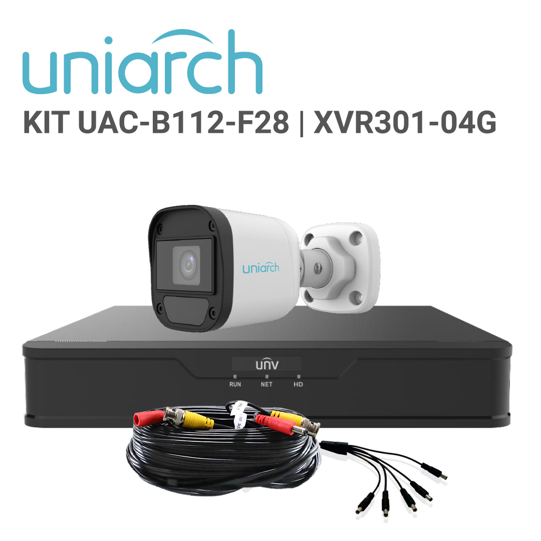 Imagen de KIT ANALÓGICO UNIARCH / KIT-UAC-B112-F28 / 4 CÁMARAS BULLET ANALÓGICAS UAC-B112-F28 / 2MP / LENTE FIJO 2.8 MM/ IP 67/ IR 20M / INTERIOR / EXTERIOR / 1 DVR PENTAHIBRIDO UNV XVR-104G3 / 4 CABLES DE VIDEO HD Y UN PULPO DE 5 SALIDAS