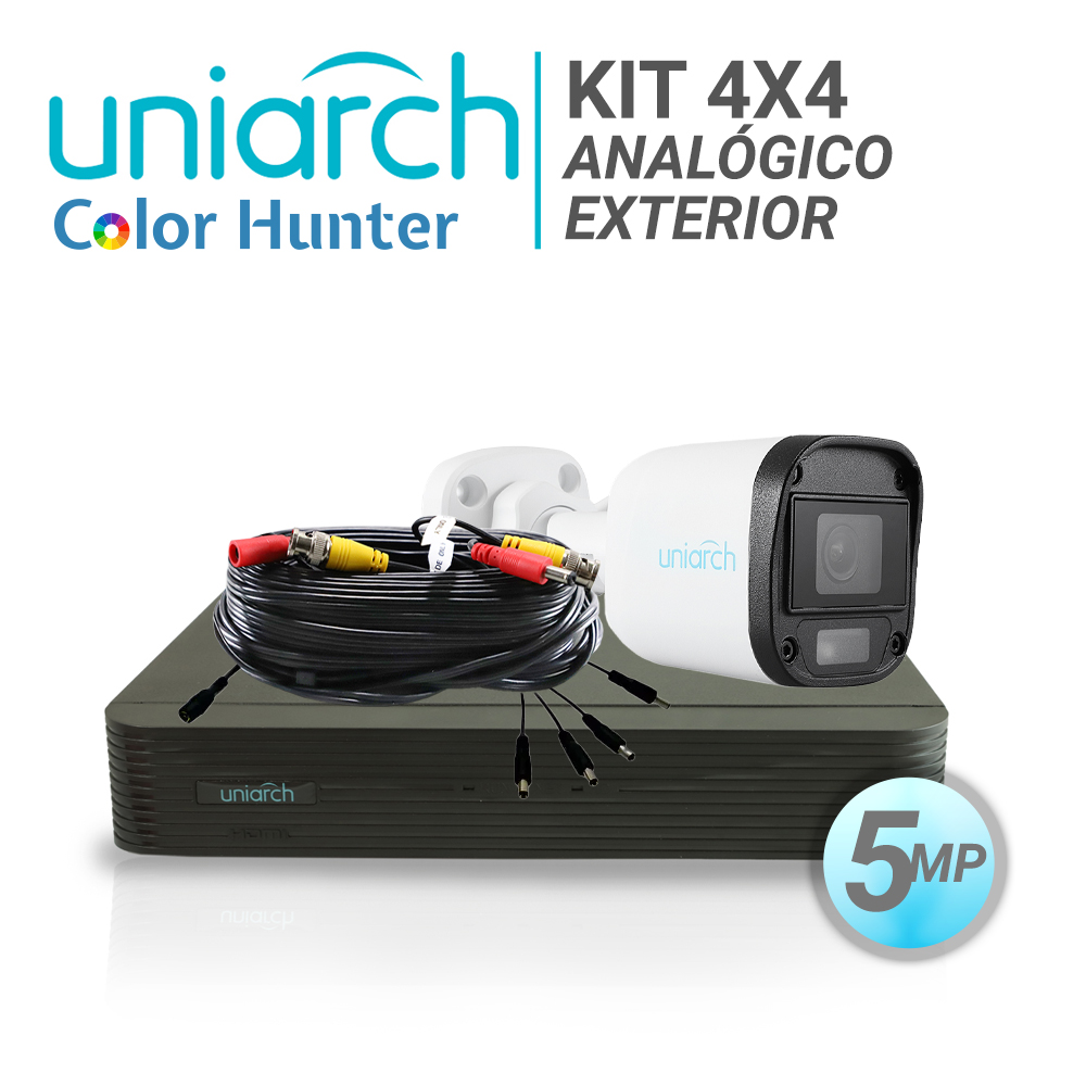 Imagen de KIT 4X4 ANALOGICO UNIARCH EXTERIOR BULLET COLOR HUNTER 5MP IP67 TVI/AHD/CVI/CVBS INCLUYE 1 XVR 4 BNC+2 IP / + 4 CAM BULLET COLOR HUNTER 5MP 2.8MM + 4 CABLES PREPONCHADOS DE 18MTS + FUENTE DE ALIMENTACION 12VDC Y UN PULPO DE 5 SALIDAS