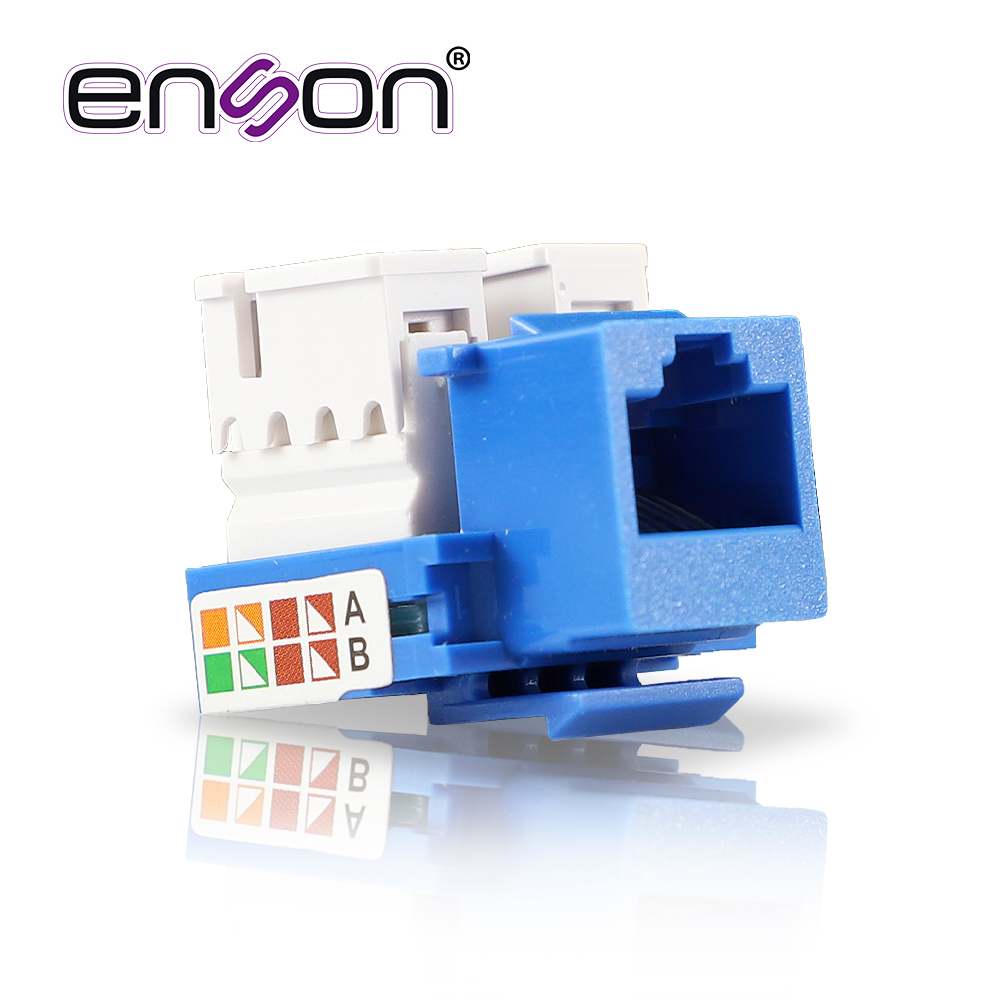 Imagen de CONECTOR JACK ENSON ENS-JC6BL CAT6 COLOR AZUL A 90 GRADOS PONCHADO CON PINZAS Y CUBREPOLVO.