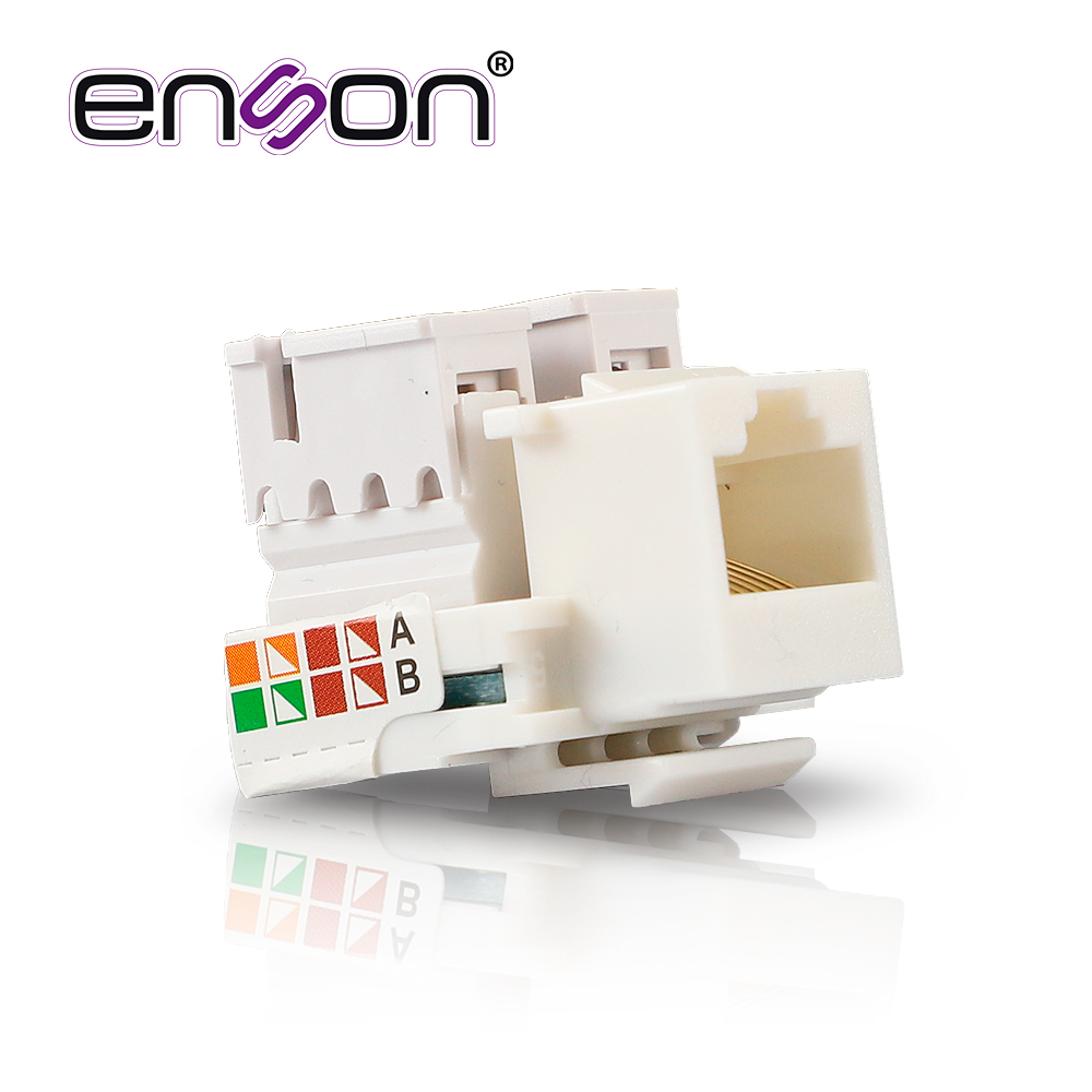 Imagen de CONECTOR JACK ENSON ENS-JC6WH CAT6 COLOR BLANCO A 90 GRADOS PONCHADO CON PINZAS Y CUBREPOLVO.