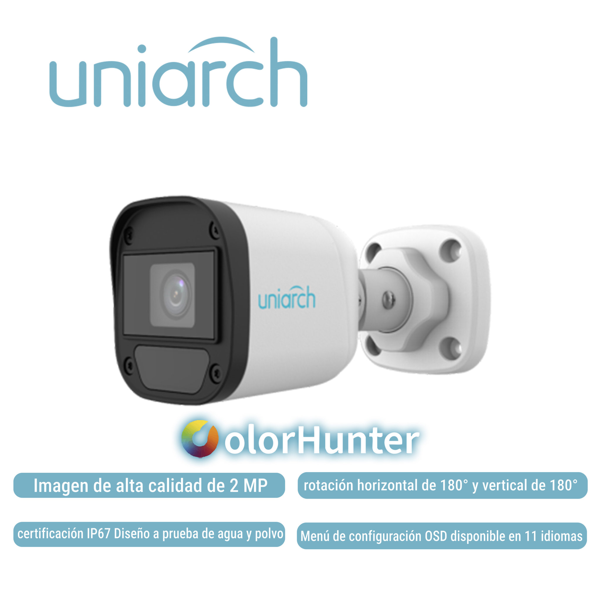 Imagen de CAMARA ANALOGA BULLET COLORHUNTER UNIARCH UAC-B112-F28-W-X-H / 2MP / TVI/AHD/CVI: 1080P@30fps / LENTE-2.8MM / DWDR / IR20M / INTERIOR+EXTERIOR / LUZ BLANCA / ADMITE-GIRO180GRADOS(HORIZONTAL+VERTICAL) / PLASTICA-GRAFENO / IP67 / 12 VCD/