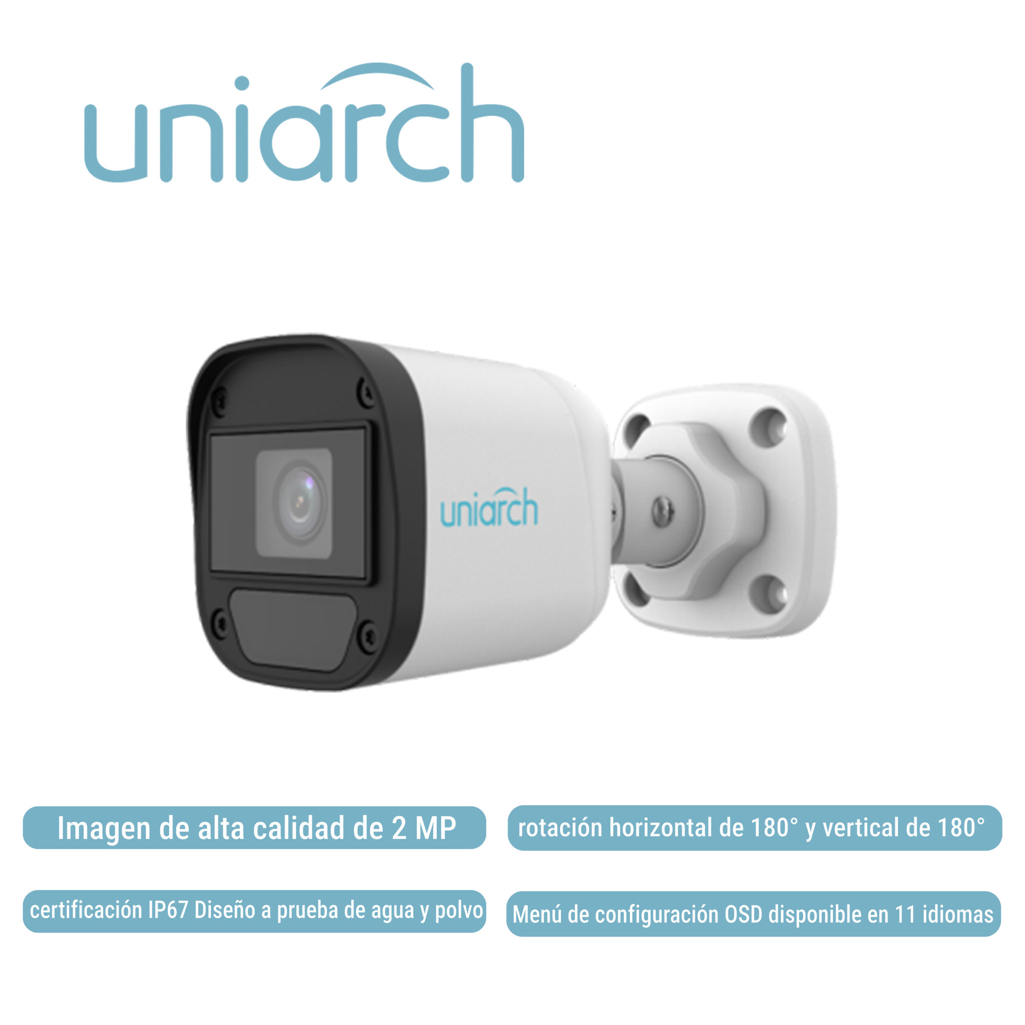 Imagen de CAMARA ANALOGA BULLET UNIARCH UAC-B112-F28-X-H / 2MP / TVI/AHD/CVI: 1080P@30fps / LENTE-2.8MM / DWDR / IR20M / OSD-MENU / 3DNR / INTERIOR+EXTERIOR / ADMITE-GIRO180GRADOS(HORIZONTAL+VERTICAL) / PLASTICA / IP67 / 12VCD
