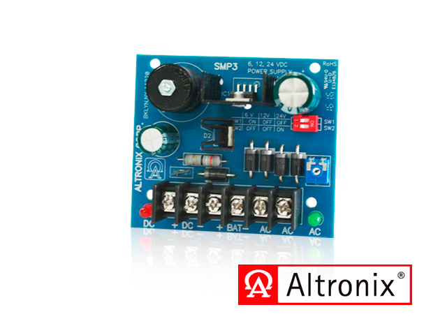 Imagen de FUENTE DE ALIMENTACIÓN/CARGADOR ALTRONIX SMP3 CONVIERTE LA ENTRADA DE AC DE BAJO VOLTAJE EN 6VCD, 12VCC O 24VCC A 2.5A DE CORRIENTE DE SUMINISTRO CONTINUO. ESTA FUENTE DE USO GENERAL TIENE UNA AMPLIA GAMA DE APLICACIONES PARA CONTROL DE ACCESO, SEGURIDAD Y ACCESORIOS DE SISTEMA DE CCTV QUE REQUIE