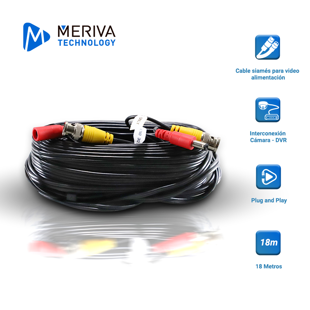 Imagen de CABLE DE VIDEO HD ARMADO MERIVA MVA-HDCB18 18MTS NEGRO CON CONECTORES DE VIDEO BNC Y CORRIENTE OPTIMIZADO PARA AHD/HDTVI/HDCVI