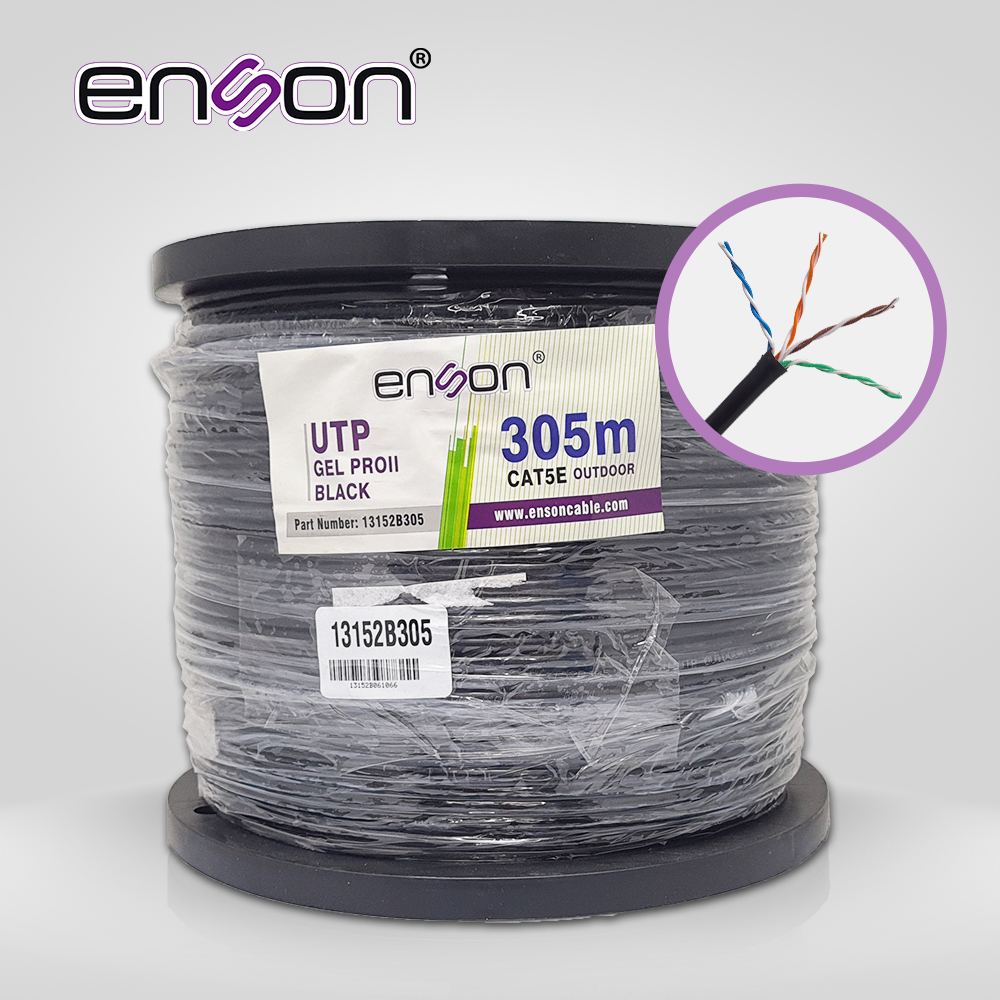 Imagen de CABLE UTP CAT5E ENSON 13152B305 SERIE PRO-II C/GEL CALIBE 24 AWG 100% COBRE BOBINA DE 305 METROS FORRO PE COLOR NEGRO USO EXTERIOR RECOMENDADO PARA CCTV, VIDEO IP Y REDES BASE 10,100
