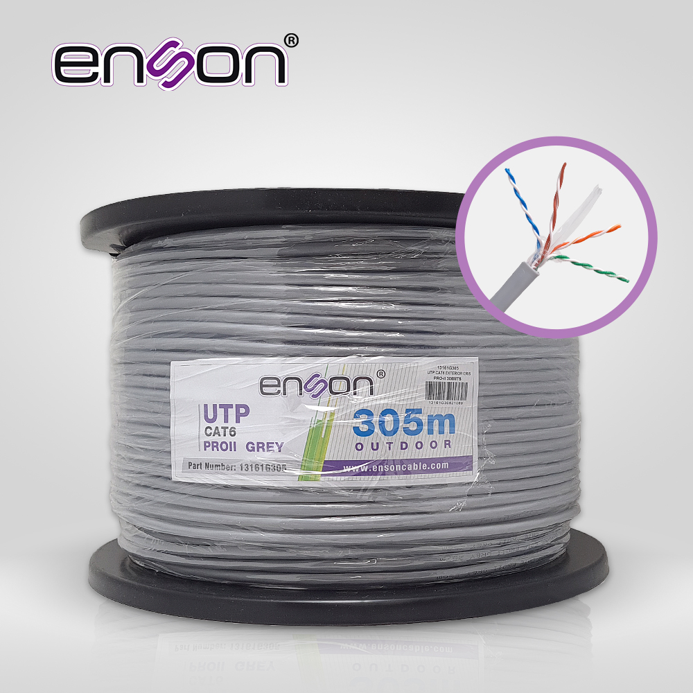 Imagen de CABLE UTP CAT6 ENSON 13161G305 SERIE PRO-II CALIBE 23 AWG 100% COBRE DE ALTO RENDIMIENTO BOBINA DE 305 METROS FORRO PVC COLOR GRIS USO EXTERIOR RECOMENDADO PARA CCTV, VIDEO IP Y REDES BASE 10,100,1000