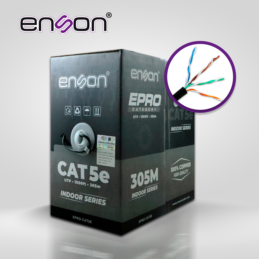 Imagen de CABLE UTP CAT5E ENSON EPRO-CAT5E FORRO COLOR NEGRO PVC CM 4 PARES CALIBRE 24 AWG 100 CIENTO COBRE USO INTERIOR BOBINA 1000 PIES 305 METROS (CERTIFICACION UL)