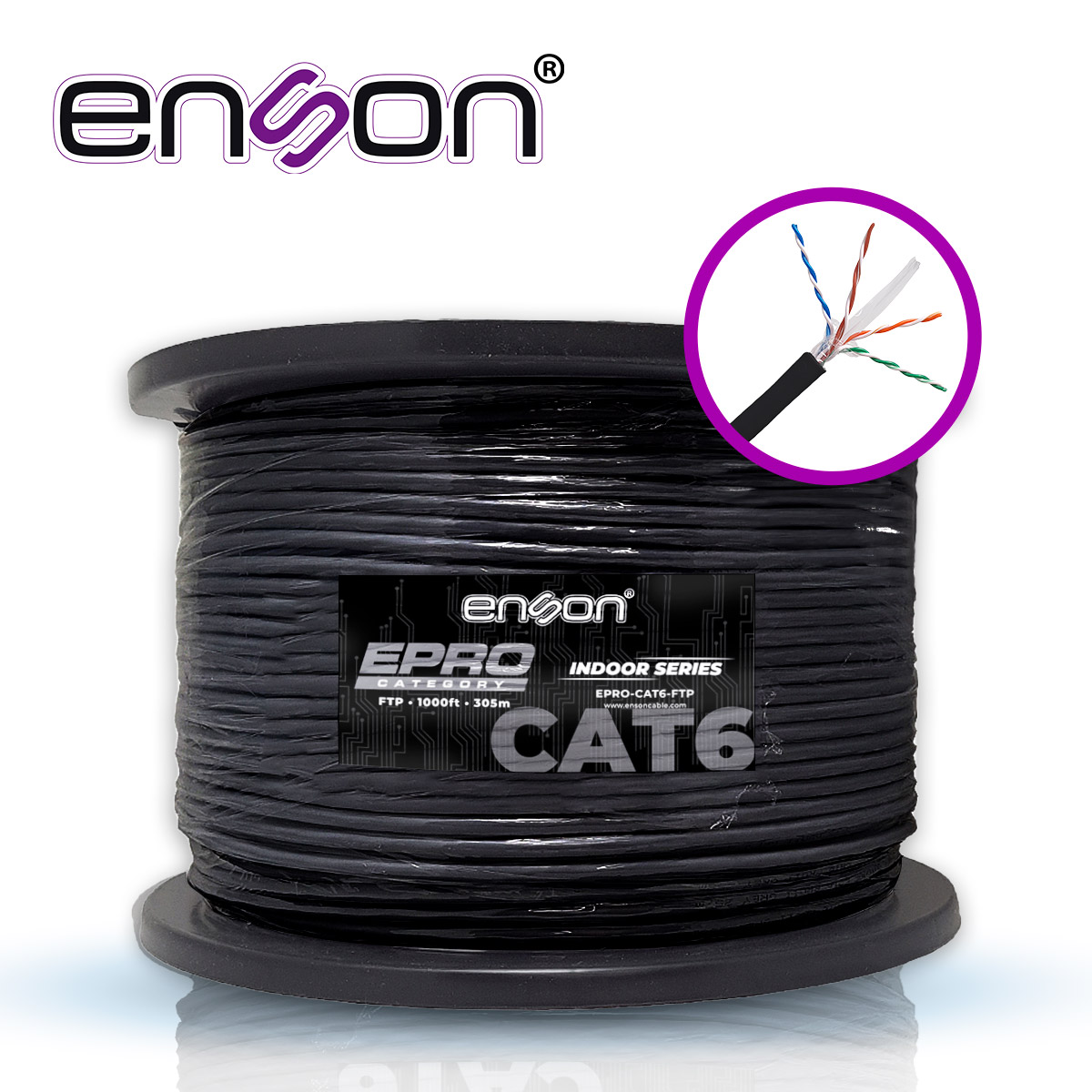 Imagen de CABLE FTP CAT6 ENSON EPRO-CAT6-FTP FORRO PVC BLINDADO 4 PARES CALIBRE 23 AWG 100% COBRE USO INTERIOR BOBINA 1000 PIES 305 METROS **CERTIFICACION UL**
