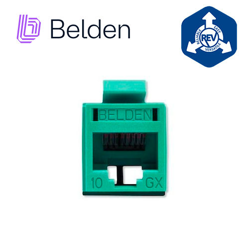 Imagen de CONECTOR MODULAR JACK RJ45 CAT6A REVCONNECT BELDEN RVAMJKUGN-S1 ESTILO KEYCONNECT VERDE COMPATIBLE CON FACEPLATE AX102660,AX102655,AX102249 ESQUEMA DE CABLEADO T568A/B HERRAMIENTA COMPATIBLE RVUTT01 USO INTERIOR CALIBRE DEL CONDUCTOR 23-24 AWG