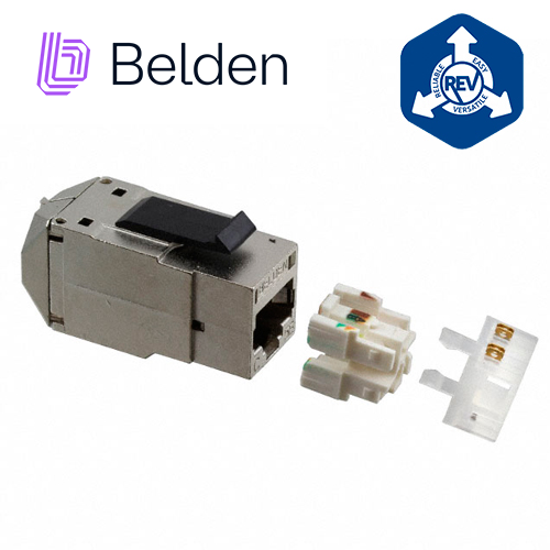 Imagen de CONECTOR MODULAR JACK RJ45 CAT5E BLINDADO STP REVCONNECT BELDEN RV5MJKSME-S1 ESTILO KEYCONNECT COLOR METAL COMPATIBLE CON FACEPLATE AX102660,AX102655,AX102249 ESQUEMA DE CABLEADO T568A/B HERRAMIENTA COMPATIBLE RVUTT01 USO INTERIOR CALIBRE DEL CONDUCTOR 24 AWG