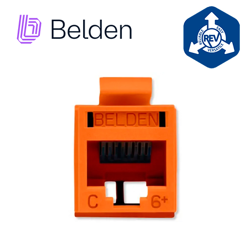 Imagen de CONECTOR MODULAR JACK RJ45 CAT6 REVCONNECT BELDEN RV6MJKUOR-S1 ESTILO KEYCONNECT NARANJA COMPATIBLE CON FACEPLATE AX102660,AX102655,AX102249 ESQUEMA DE CABLEADO T568A/B HERRAMIENTA COMPATIBLE RVUTT01 USO INTERIOR CALIBRE DEL CONDUCTOR 23-24 AWG
