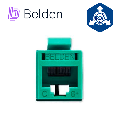 Imagen de CONECTOR MODULAR JACK RJ45 CAT6 REVCONNECT BELDEN RV6MJKUGN-S1 ESTILO KEYCONNECT VERDE COMPATIBLE CON FACEPLATE AX102660,AX102655,AX102249 ESQUEMA DE CABLEADO T568A/B HERRAMIENTA COMPATIBLE RVUTT01 USO INTERIOR CALIBRE DEL CONDUCTOR 23-24 AWG