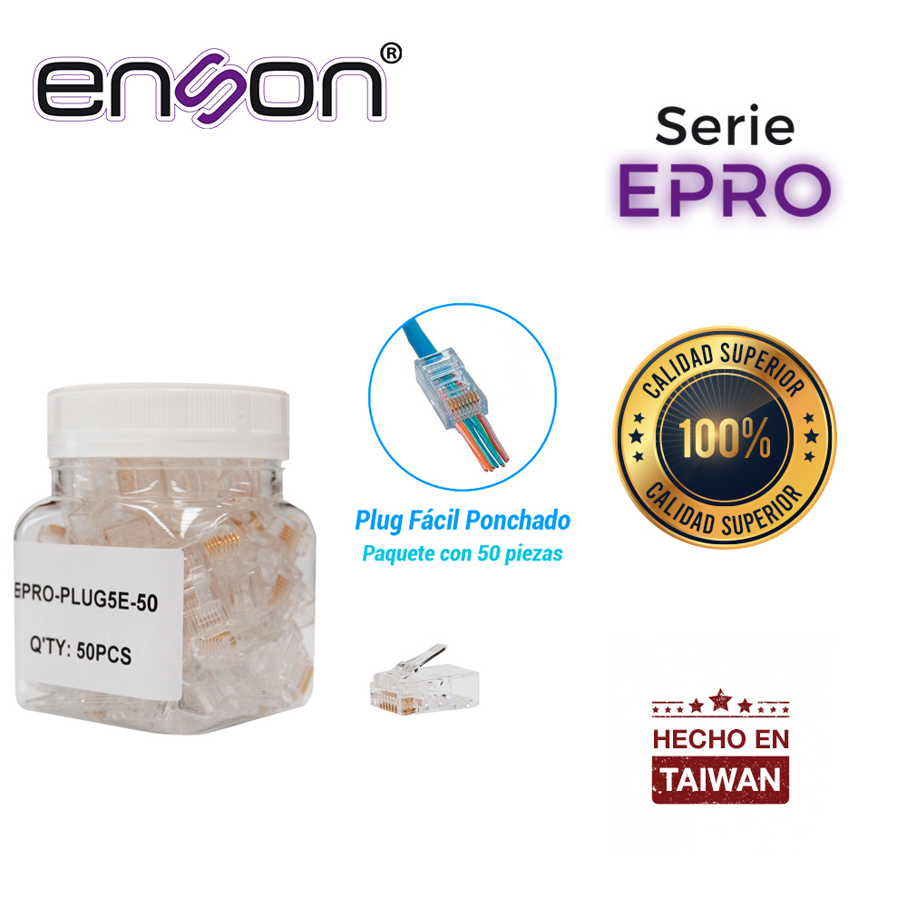 Imagen de PLUG FACIL PONCHADO ENSON EPRO-PLUG5E-50 BOTE DE 50 PZS PARA CABLE UTP CAT5E CON SISTEMA DE PASO DE CABLES PASSTRU QUE FACILITA EL PONCHADO DE CABLE UTP YA QUE SE PUEDE IDENTIFICAR ERRORES DE MANERA MAS FACIL, REQUIERE USO DE PINZAS EPRO-PLUGTOOL