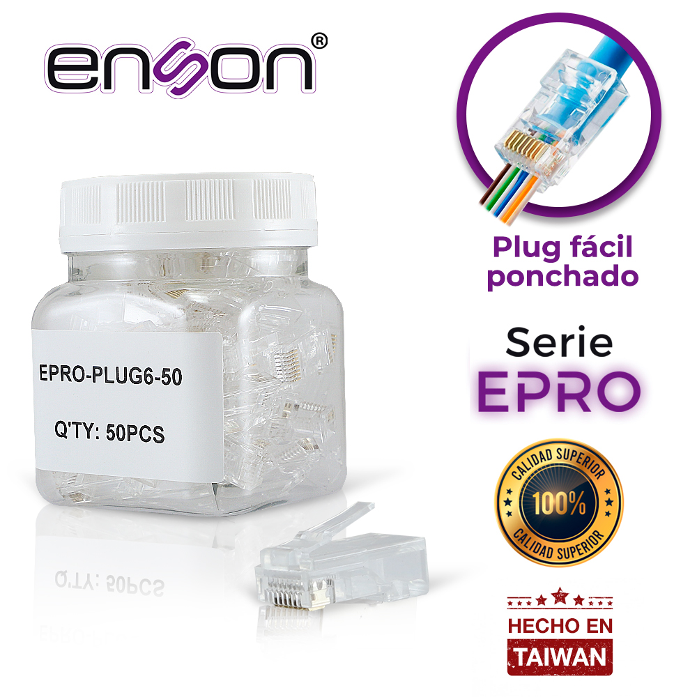Imagen de PLUG FACIL PONCHADO ENSON EPRO-PLUG6-50 BOTE DE 50 PZS PARA CABLE UTP CAT6 CON SISTEMA DE PASO DE CABLES PASSTRU QUE FACILITA EL PONCHADO DE CABLE UTP YA QUE SE PUEDE IDENTIFICAR ERRORES DE MANERA MAS FACIL, REQUIERE USO DE PINZAS EPRO-PLUGTOOL