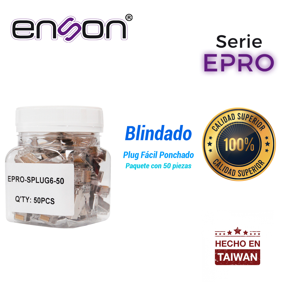 Imagen de PLUG FACIL PONCHADO BLINDADO ENSON EPRO-SPLUG6-50 BOTE DE 50 PZS PARA CABLE UTP CAT6 CON SISTEMA DE PASO DE CABLES PASSTRU QUE FACILITA EL PONCHADO DE CABLE UTP YA QUE SE PUEDE IDENTIFICAR ERRORES DE MANERA MAS FACIL, REQUIERE USO DE PINZAS EPRO-PLUGTOOL