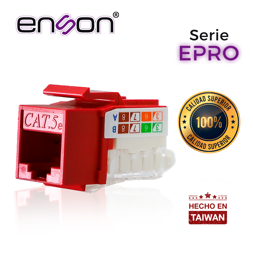 Imagen de CONECTOR MODULAR JACK RJ45 ENSON EPRO-TLJACK5E-RD SERIE PRO TERMINADO SIN PINZAS, POSICION VERTICAL CAT5E COLOR ROJO COMPATIBLE CON PLACAS ENSON EPRO-FP