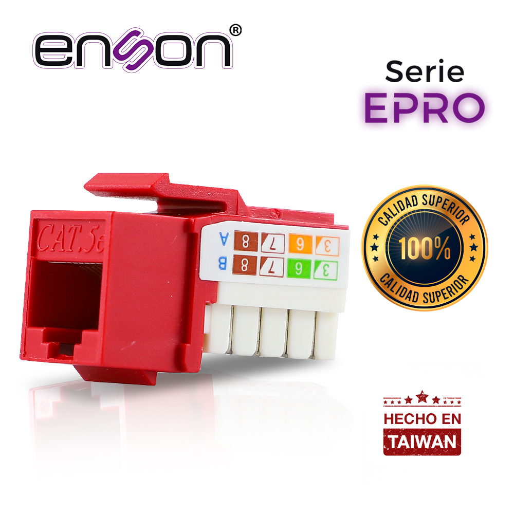 Imagen de CONECTOR MODULAR JACK RJ45 ENSON EPRO-JACK5E-RD SERIE PRO, POSICION VERTICAL CAT5E COLOR ROJO COMPATIBLE CON PLACAS ENSON EPRO-FP REQUIERE USO DE PINZAS EPRO-JACKTOOL