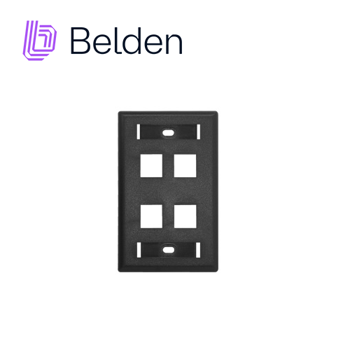 Imagen de PLACA DE PARED (FACEPLATE) BELDEN AX104163 4 PUERTOS COMPATIBLE CON JACKS ESTILO KEYCONNECT UNIVERSAL CAT6A CAT6 CAT5E  CONECTORES DE FIBRA OPTICA Y COAXIALES COLOR NEGRO USO INTERIOR MATERIAL PLASTICO UL94V INCLUYE TORNILLO 6-32 ETIQUETA DE CARTON VENTANA TRANSPARENTE