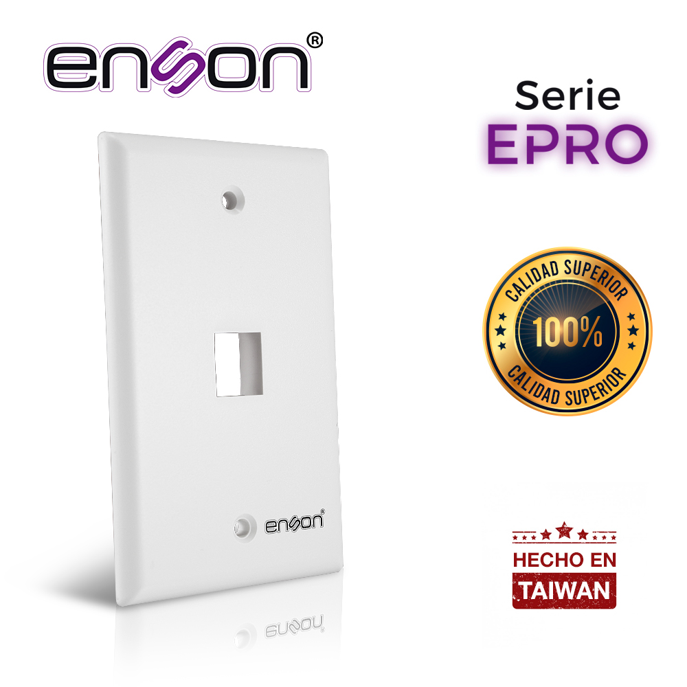 Imagen de PLACA DE PARED (FACEPLATE) ENSON EPRO-FP10 COMPATIBLE CON JACK KEYSTONE 1 PUERTO COLOR BLANCO, USO EN INTERIOR, IDEAL PARA CONECTORES RJ45, COAXIAL, FIBRA OPTICA, FABRICADO EN PLASTICO ABS