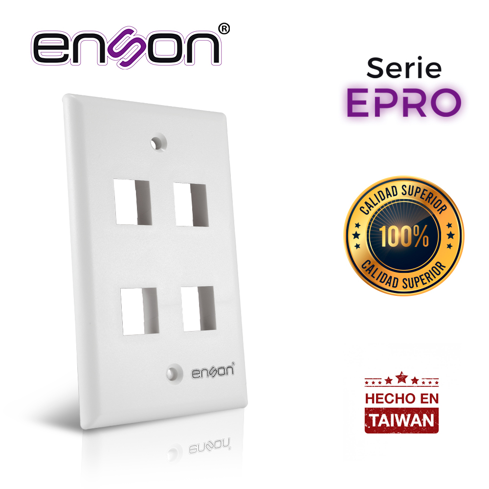 Imagen de PLACA DE PARED (FACEPLATE) ENSON EPRO-FP40 COMPATIBLE CON JACK KEYSTONE 4 PUERTOS COLOR BLANCO, USO EN INTERIOR, IDEAL PARA CONECTORES RJ45, COAXIAL, FIBRA OPTICA, FABRICADO EN PLASTICO ABS