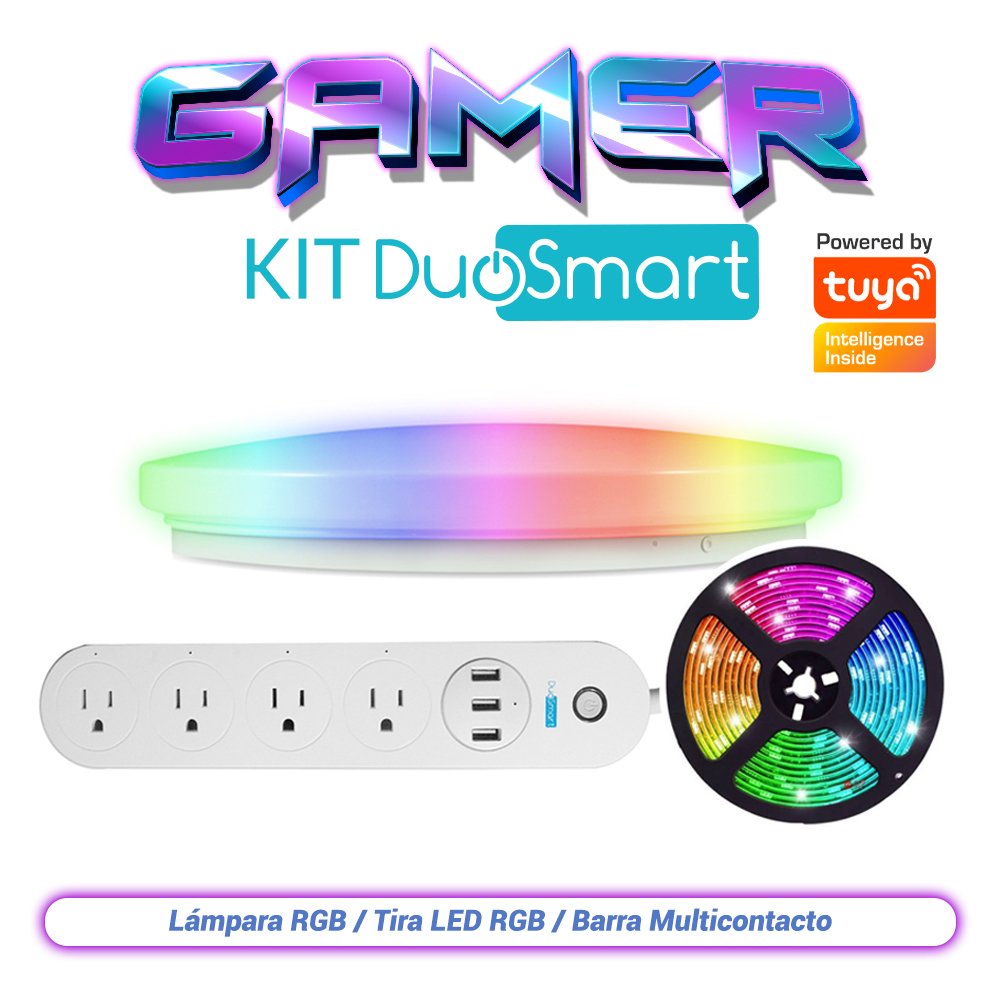 Imagen de KIT DE ILUMINACIÓN GAMER, GAMER KIT DUOSMART. INCLUYE: 1 LÁMPARA RGB S20, 1 TIRA LED RGB S30 Y UNA BARRA MULTICONTACTO B50