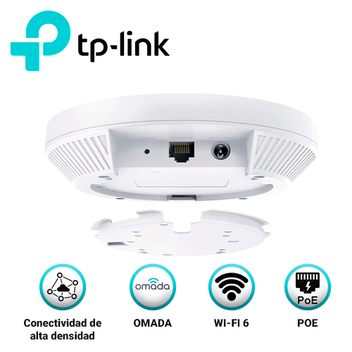 Imagen de ACCESS POINT WI-FI 6 TP-LINK EAP620 HD AX1800/ MONTAJE EN TECHO / GESTION CENTRALIZADA OMADA SDN /ALIMENTACION POE 802.3 AF/AT / RED SEGURA DE INVITADOS CON CONEXION WI-FI DE FACEBOOK Y ACCESO SMS / 1 PUERTO ETHERNET GIGABIT / 5GHZ 1201MBPS / 2.4 GHZ HASTA 574MBPS / MULTIPLES SSID / MU-MIMO / OFDMA / IDEAL PARA HOTELES COLEGIOS UNIVERSIDADES CENTRO COMERCIAL HASTA 500 CLIENTES
