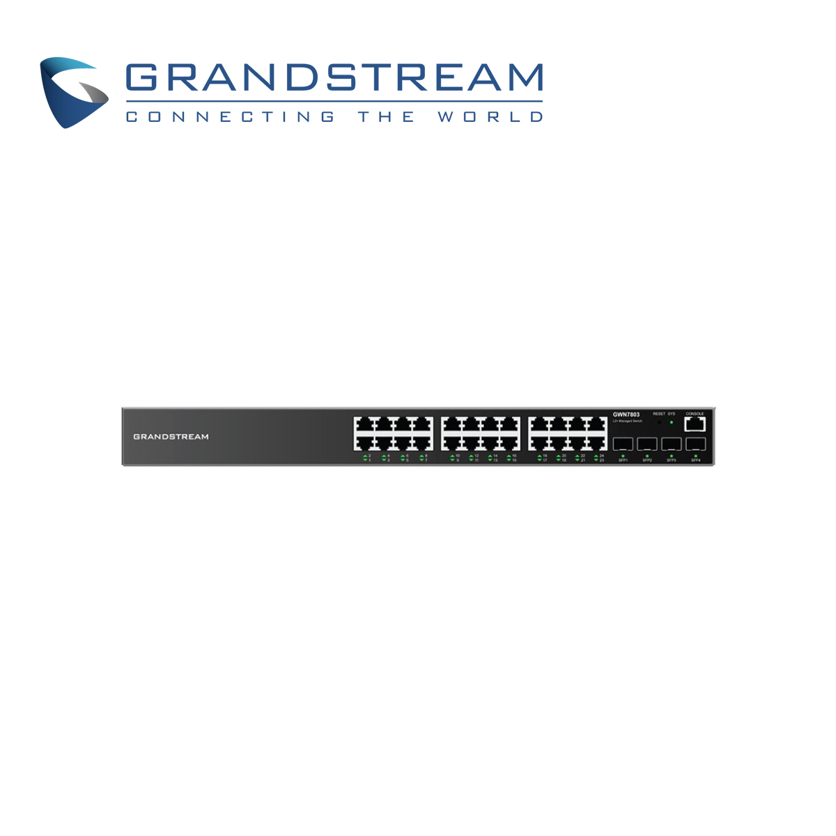 Imagen de SWITCH ADMINISTRABLE POE+ GRANDSTREAM GWN7803P / 24 PUERTOS 10/100/1,000 MBPS / 24 PUERTOS POE+ AF/AT / 4 PUERTOS SFP 1,000MBPS / QOS / VLAN / ARP / TACACS+ / FILTRADO MAC / ADMISTRACION GWN CLOUD
