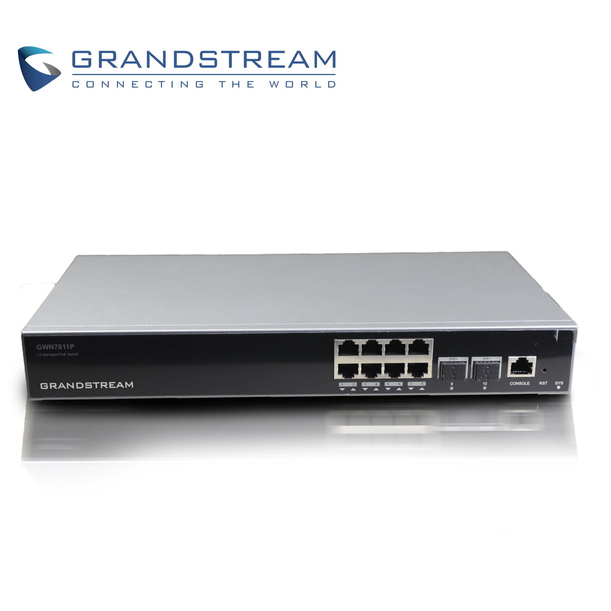 Imagen de SWITCH ADMINISTRABLE POE+ CAPA 3 GRANDSTREAM GWN7811P / 8 PUERTOS 10/100/1,000MBPS / 8 PUERTOS POE+ AF/AT / 2 PUERTOS SFP+ 10GIGABIT / ROUNTING OSPFV3/BGP / QOS / VLAN / RADIUS/TACACS+ / ADMINISTRACION GWN CLOUD / MONTAJE ESCRITORIO/RACK / METALICO