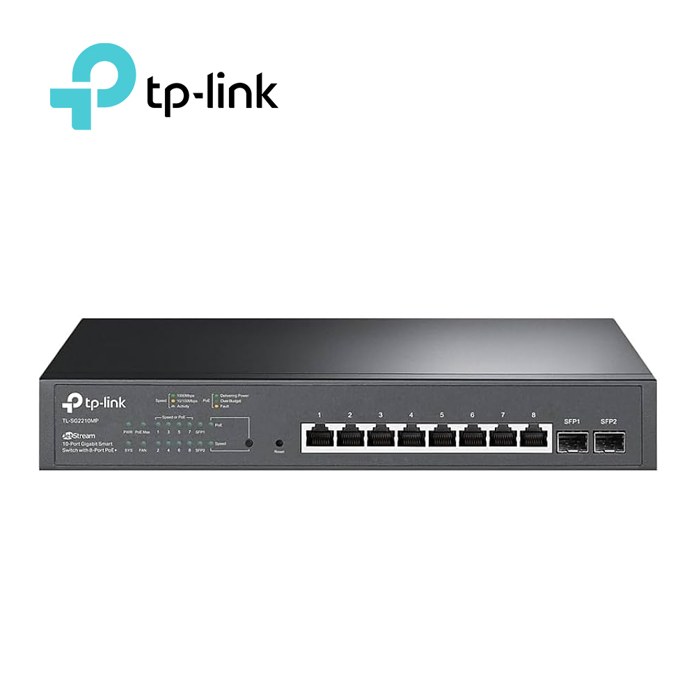 Imagen de SWITCH POE JETSTREAM SDN ADMINISTRABLE TP-LINK SG2210MP (TL-SG2210MP) / 8 PUERTOS POE AT/AF 150W 10/100/1000 MBPS + 2 PUERTOS PARA FIBRA ÓPTICA / MONTAJE EN RACK / CAPACIDAD DE CONMUTACIÓN 20 GBPS