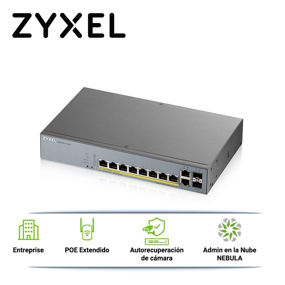 Imagen de SWITCH POE GIGABIT 8PTOS+2UPLINK ENTERPRISE NEBULA ZYXEL GS1350-12HP 10 PUERTOS RJ45 10/100/1000MBPS POE+ AF/AT + 2 PUERTOS SFP 1000MBPS ADMINISTRABLE L2 TOTAL 130W