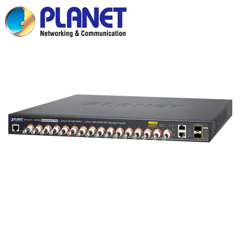 Imagen de SWITCH POC ADMINISTRABLE / PLANET LRP-1622CS / 2 PUERTOS RJ45 10/100 MBPS / 2 FIBRA ÓPTICA SFP 100/1000 MBPS / 16 CANALES BNC HEMBRA / 440W DE CONSUMO / RECINTO DE METAL
