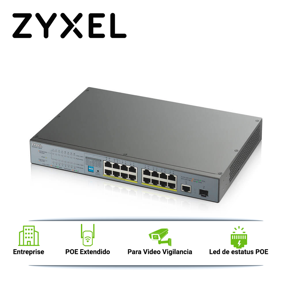 Imagen de SWITCH GIGABIT POE ZYXEL GS1300-18HP 17 PUERTOS RJ45 100/1000 MBPS POE AF/AT + 1 PUERTO SFP 1000MBPS  NO-ADMINISTRABLE 170W  CON 4 PUERTOS POE EXTENDED