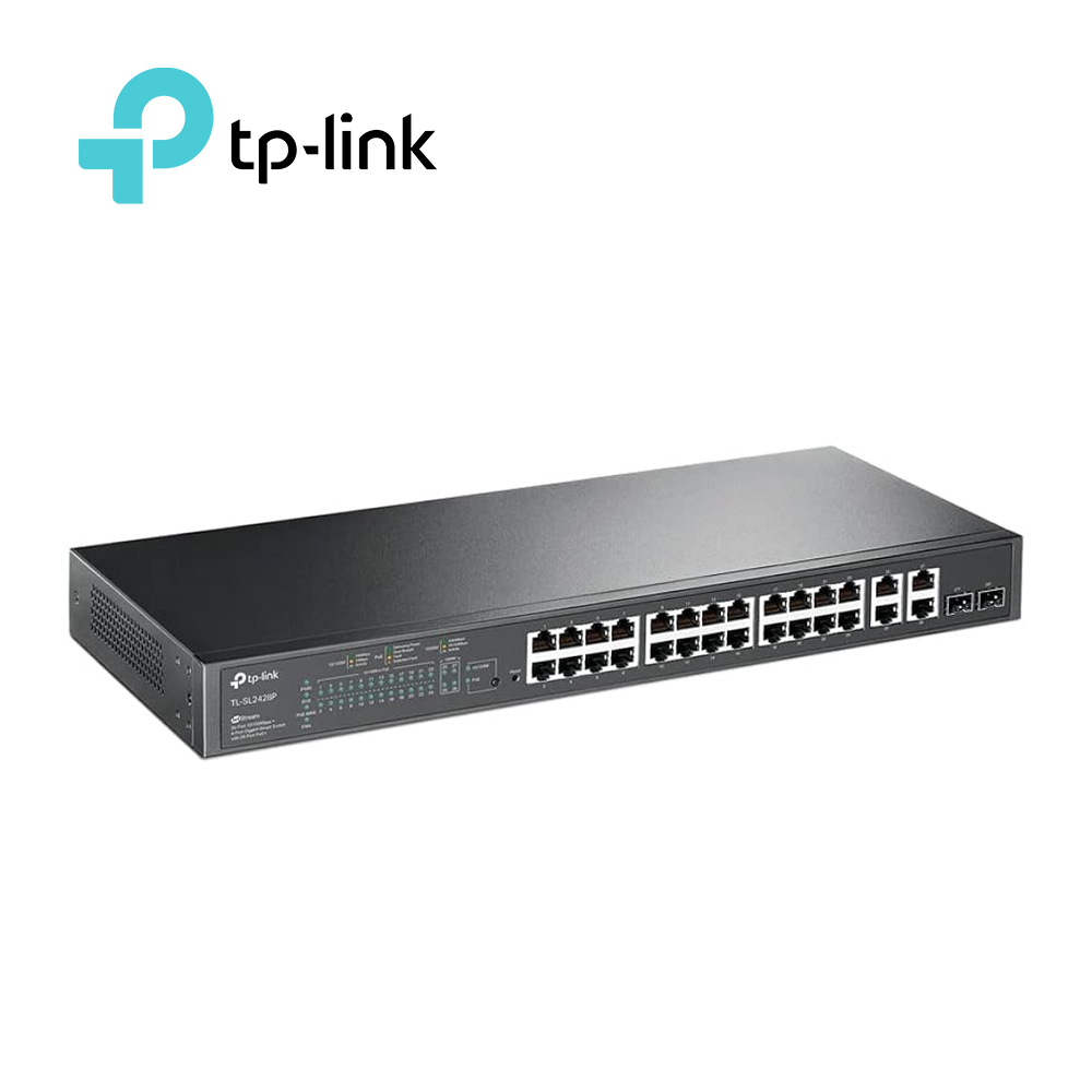 Imagen de SWITCH ADMINISTRABLE TP-LINK SL2428P (TL-SL2428P) / 24 PUERTOS RJ45 POE AF/AT 10/100 MBPS + 2 PUERTOS GIGA RJ45 + 2 PUERTOS GIGA COMBO RJ45/SFP / POTENCIA POE TOTAL 250 W / IDEAL PARA RACK / USO INTERIOR / GESTION CENTRALIZADA CON OMADA