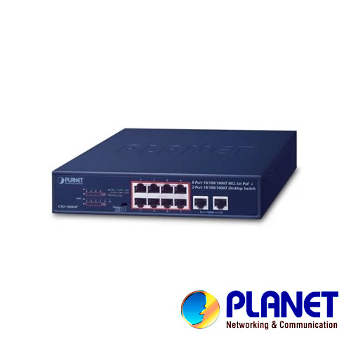 Imagen de SWITCH PLANET GSD-1008HP NO ADMINISTRABLE /8 PUERTOS RJ45 VELOCIDAD DE TRANSMISION 10/100/1000 MBPS ALIMENTACION POE ACTIVO AF/AT + 2 PUERTOS RJ45 VELOCIDAD DE TRANSMISION 1000 MBPS / TEMPERATURA DE OPERACION 0-50 GRADOS CENTIGRADOS / BUDGET TOTAL 120W/ DISTANCIA DE TRANSMISION 250 METROS