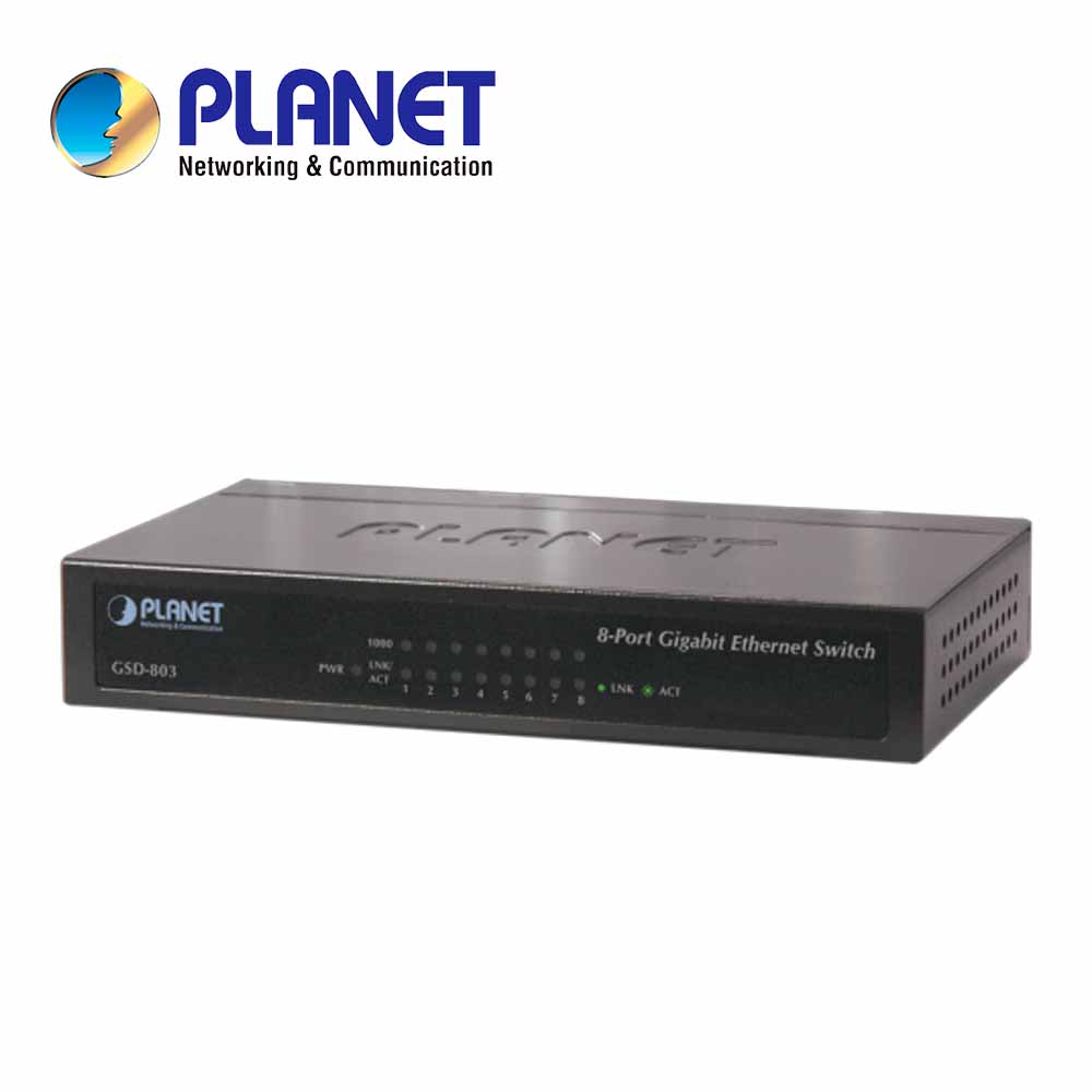 Imagen de SWITCH NO ADMINISTRABLE 8 PUERTOS GIGA GSD-803 PLANET / 8 PUERTOS AUTO MDI/MID-X / VELOCIDAD DE TRANSMISIÓN 10/100/1,000MBPS / METALICO / 5V VCD-1A / 4.2W DE CONSUMO / 11,9 MBPS / CASA-OFICINA