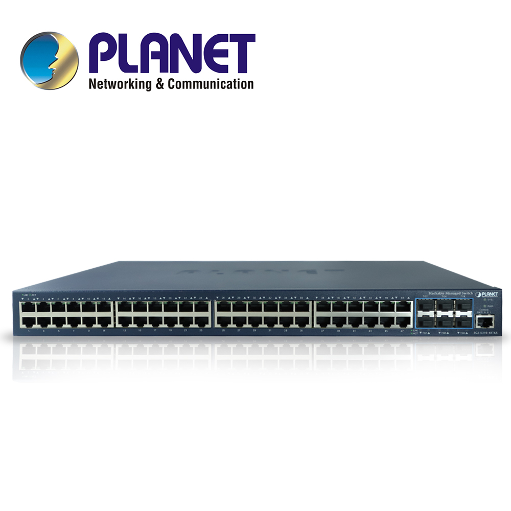 Imagen de SWITCH PLANET STACKING SGS-6310-48T6X ADMINISTRABLE L2 + L3 RUTEO ESTATICO/ 48 PUERTOS RJ45 VELOCIDAD DE TRANSMISION 10/100/1000 MBPS + 6 SFP VELOCIDAD DE TRANSMISION 10 GB MONTAJE EN RACK/TEMPERATURA DE OPERACION 0-50 GRADOS CENTIGRADOS.